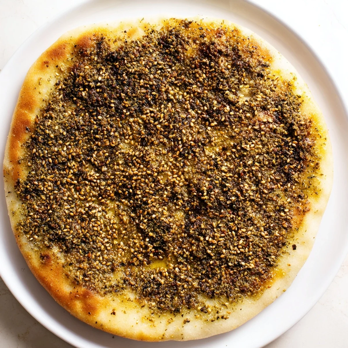 Golden, crispy Levantine Zaatar Bread, glistening with olive oil and bursting with aromatic zaatar spice.