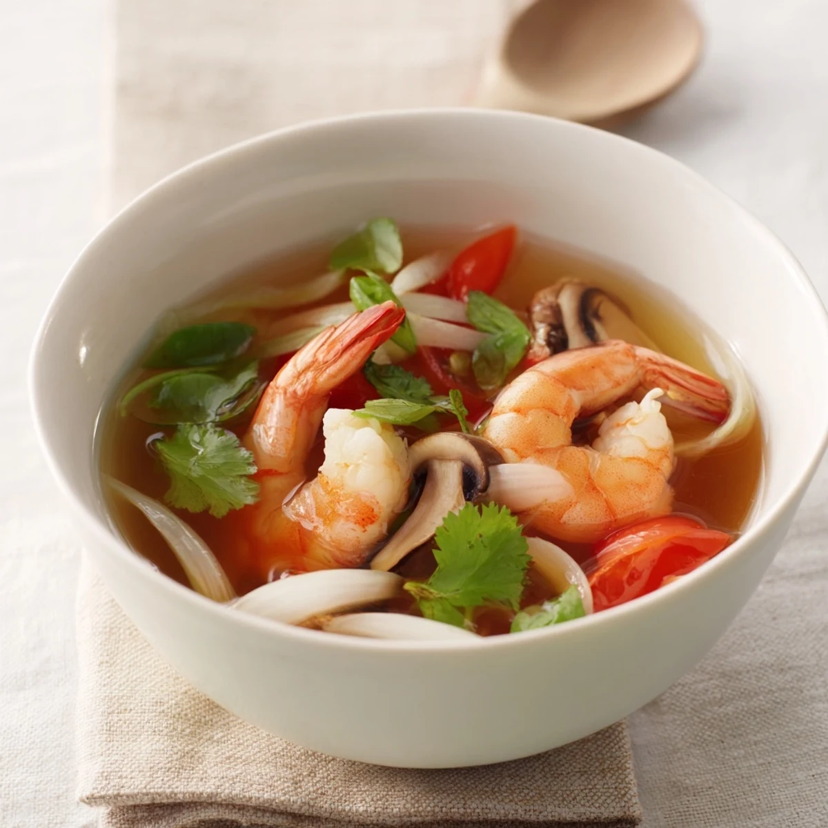 Steaming bowl of spicy Tom Yum Soup with shrimp, fragrant herbs, and lime wedges presented.