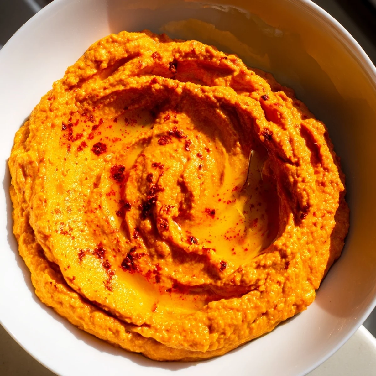 Creamy, smoky Roasted Red Pepper Hummus served with fresh vegetable crudités and warm pita bread slices.