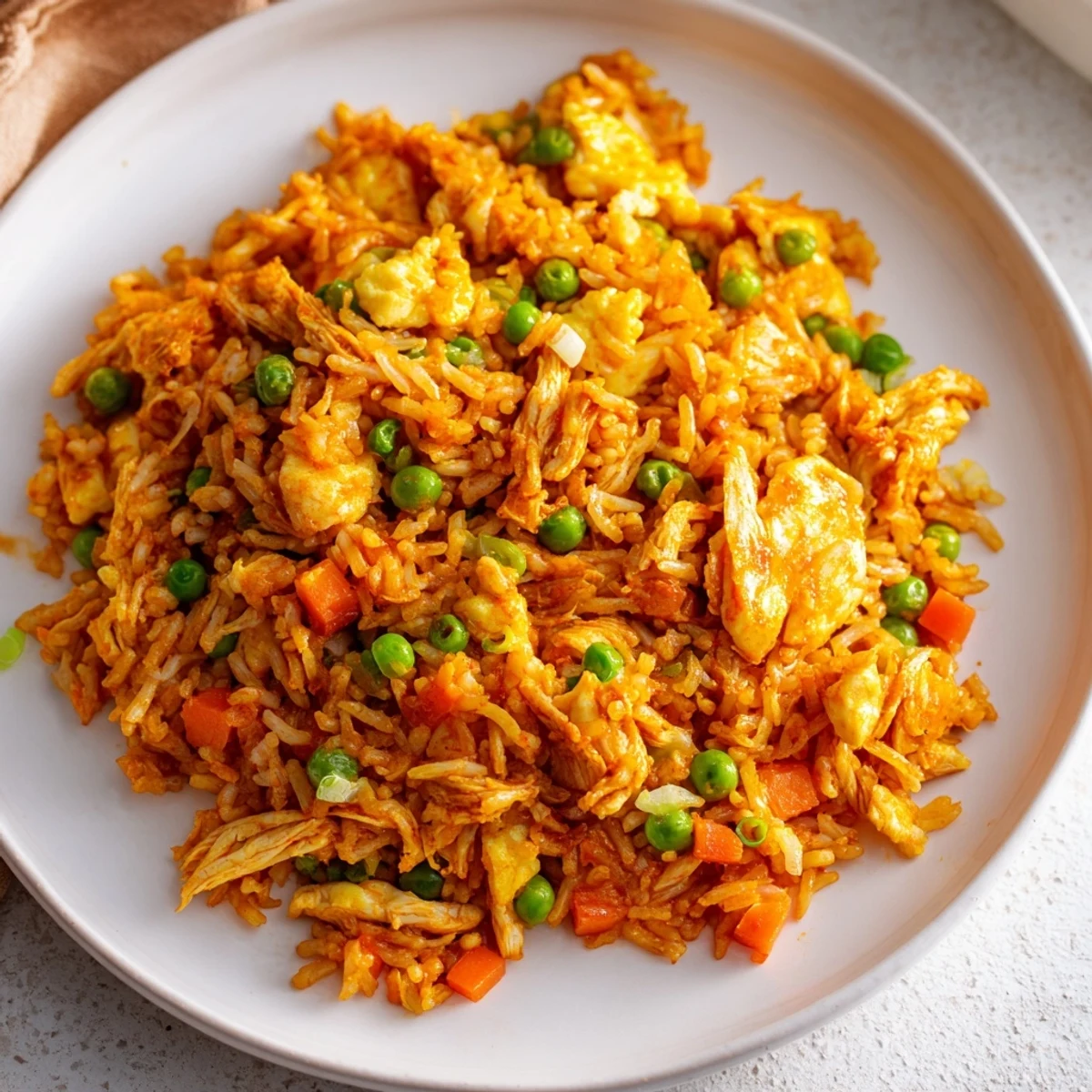 Golden-brown Butter Chicken Fried Rice with vibrant peas and carrots, garnished with fresh green onions.