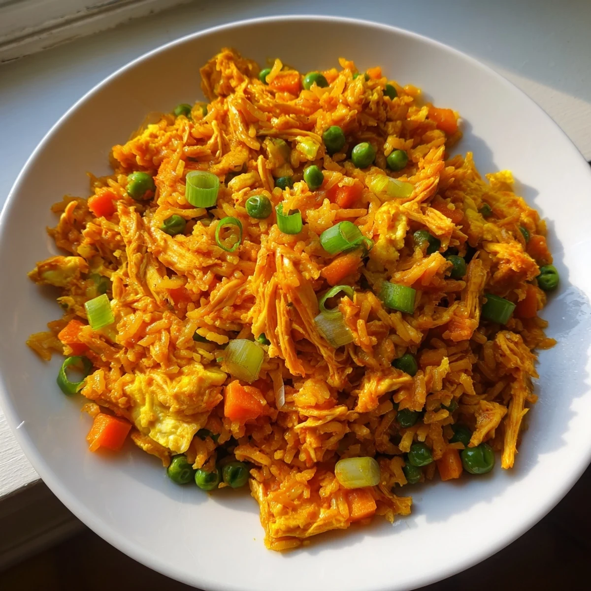 A steaming skillet of Butter Chicken Fried Rice shows tender chicken pieces coated in rich sauce.