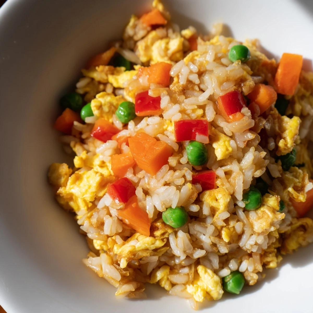 Easy homemade Egg Fried Rice featuring golden eggs, crisp bell peppers, and peas, perfect for a quick vegetarian meal.