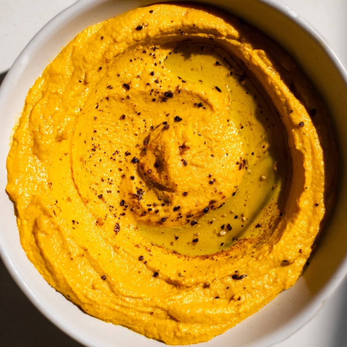 A close-up of a spoon scooping vibrant golden curry paste from a serving bowl, revealing its rich texture and aromatic blend of spices and tahini.