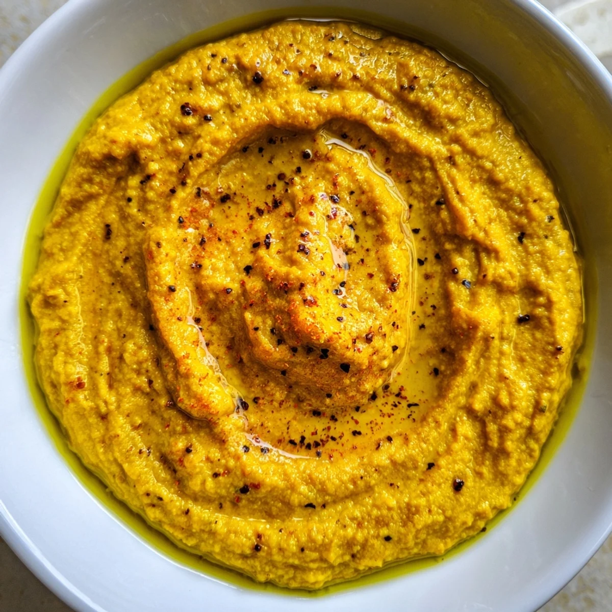 Bowl of homemade chickpea curry paste topped with olive oil and herbs, surrounded by pita wedges and fresh vegetable sticks for dipping.