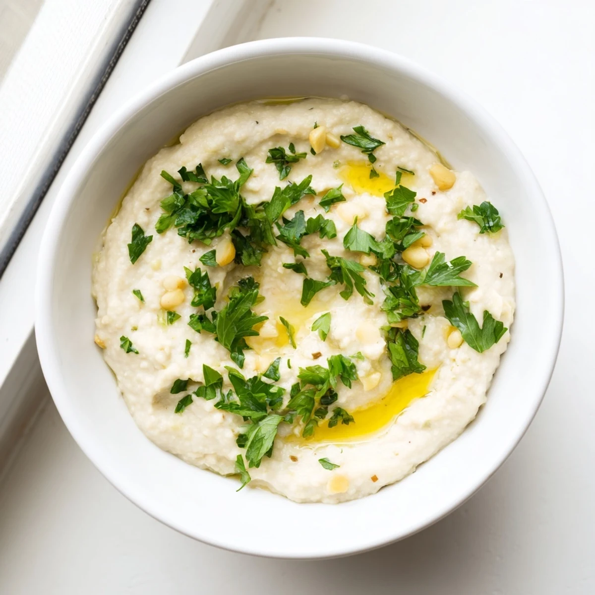 Creamy White Bean Dip topped with olive oil and fresh herbs, served with crisp vegetables and pita chips for dipping.  