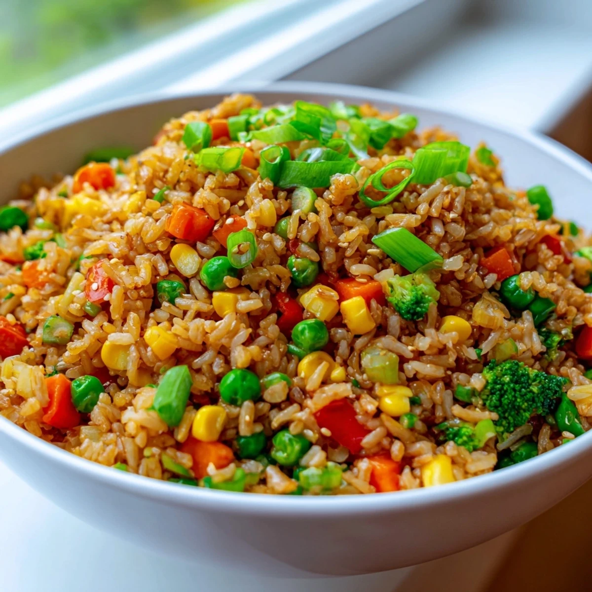 Bright orange carrots, green peas, and crisp bell peppers are tossed with fluffy jasmine rice in a large wok for this easy Vegetable Fried Rice.  