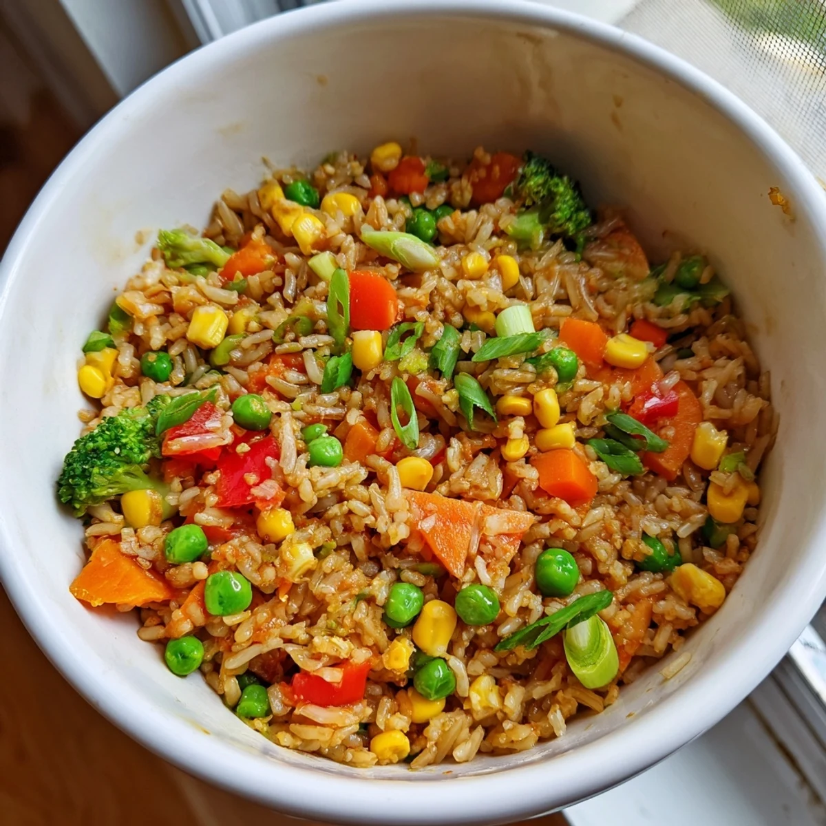 A steaming bowl of Vegetable Fried Rice topped with green onions and toasted sesame seeds, served alongside grilled chicken for a complete meal.  