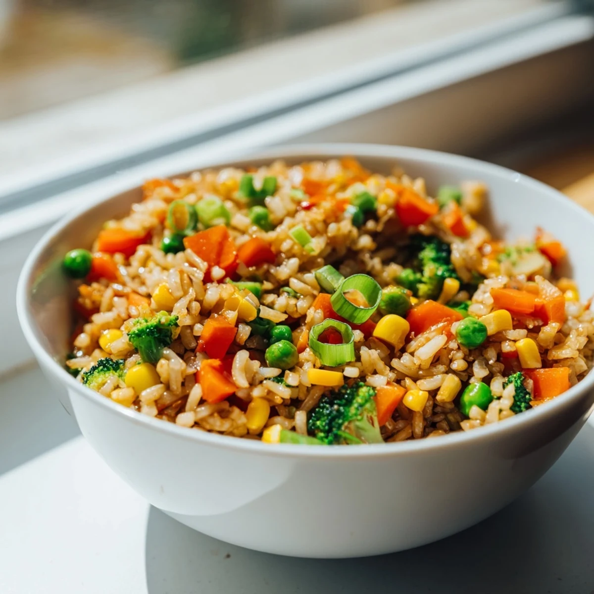 Colorful mixed vegetables and cold day-old rice stir-fried with ginger and soy sauce create a deliciously textured homemade Vegetable Fried Rice.