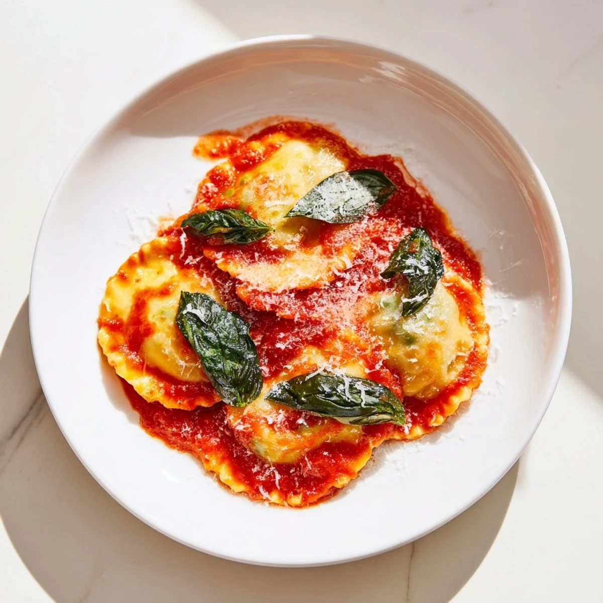 Spinach Ricotta Ravioli in a white bowl, with a fork ready for a bite of the creamy filling.