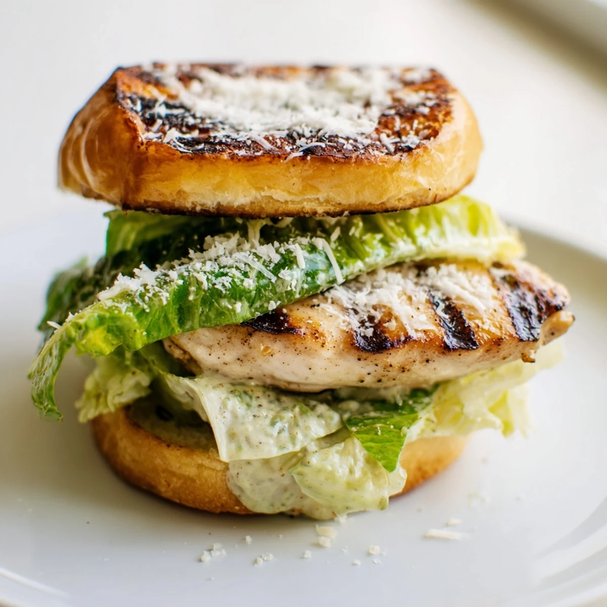 A close-up of a Caesar Chicken Sandwich stacked high with juicy grilled chicken, crisp romaine, and creamy Caesar dressing on a toasted bun.  