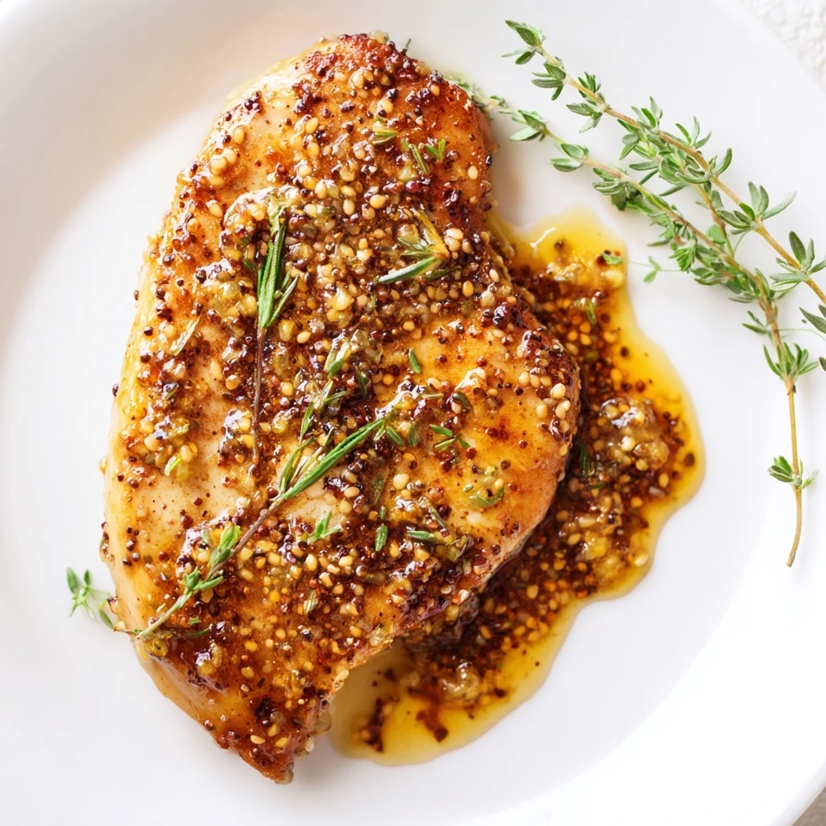 A close-up of golden, juicy chicken breasts coated in a glossy honey Dijon sauce, simmering in a skillet with fresh thyme and rosemary sprigs.