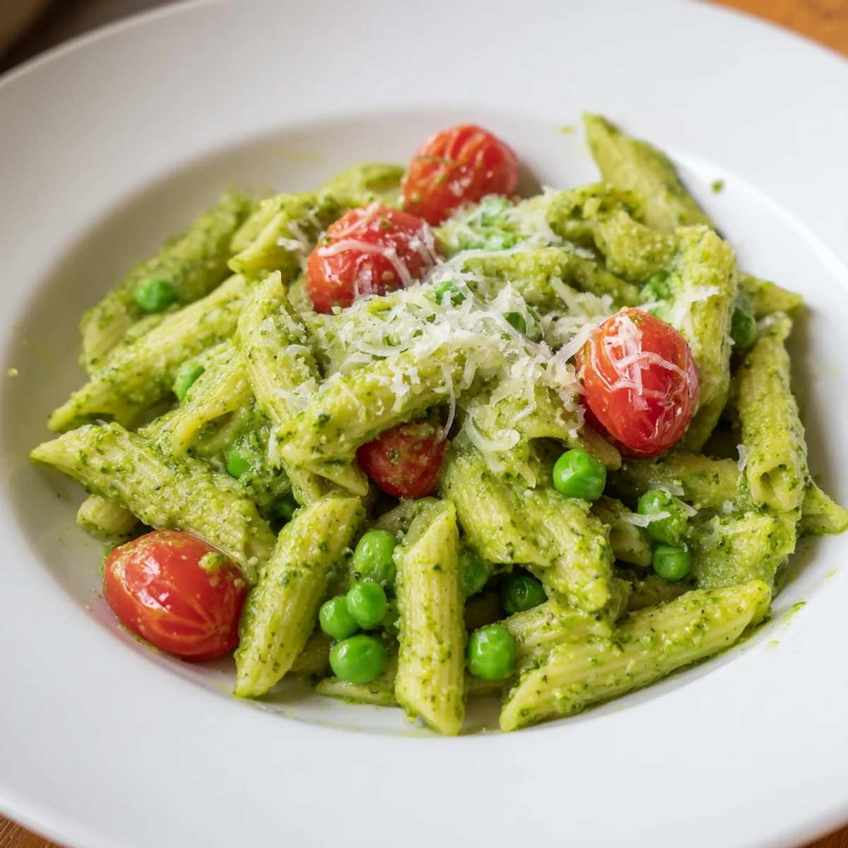 Bright, refreshing Green Pesto Pasta Salad featuring al dente fusilli tossed with sweet peas and juicy halved cherry tomatoes, served in a rustic bowl.