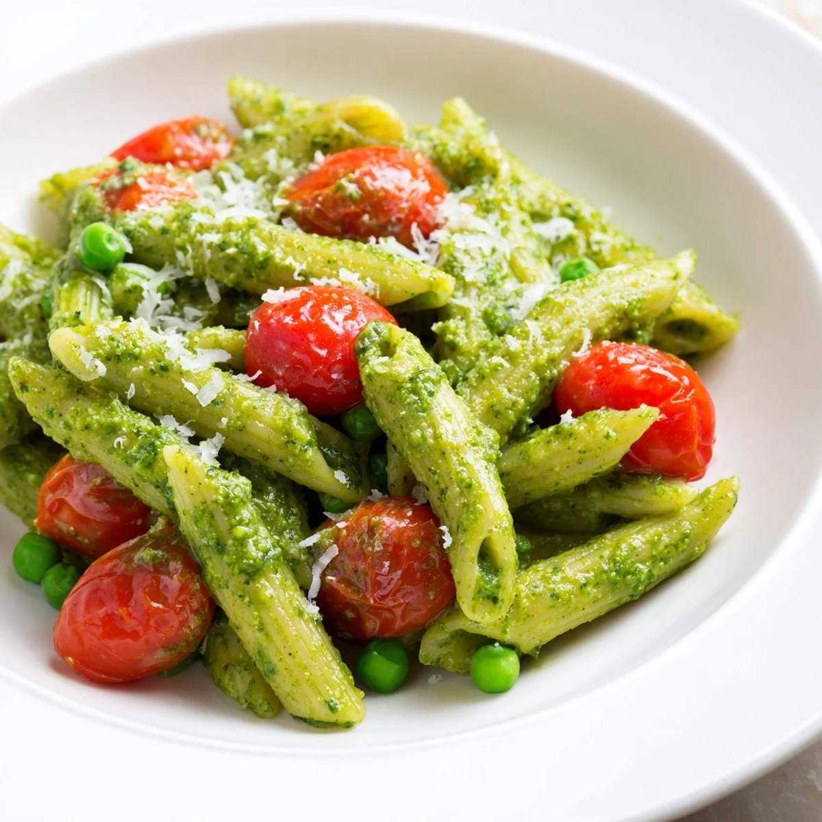 Green Pesto Pasta Salad ready for a picnic, with vibrant basil coating tender pasta, peas, and tomatoes, sprinkled with optional grated Parmesan.
