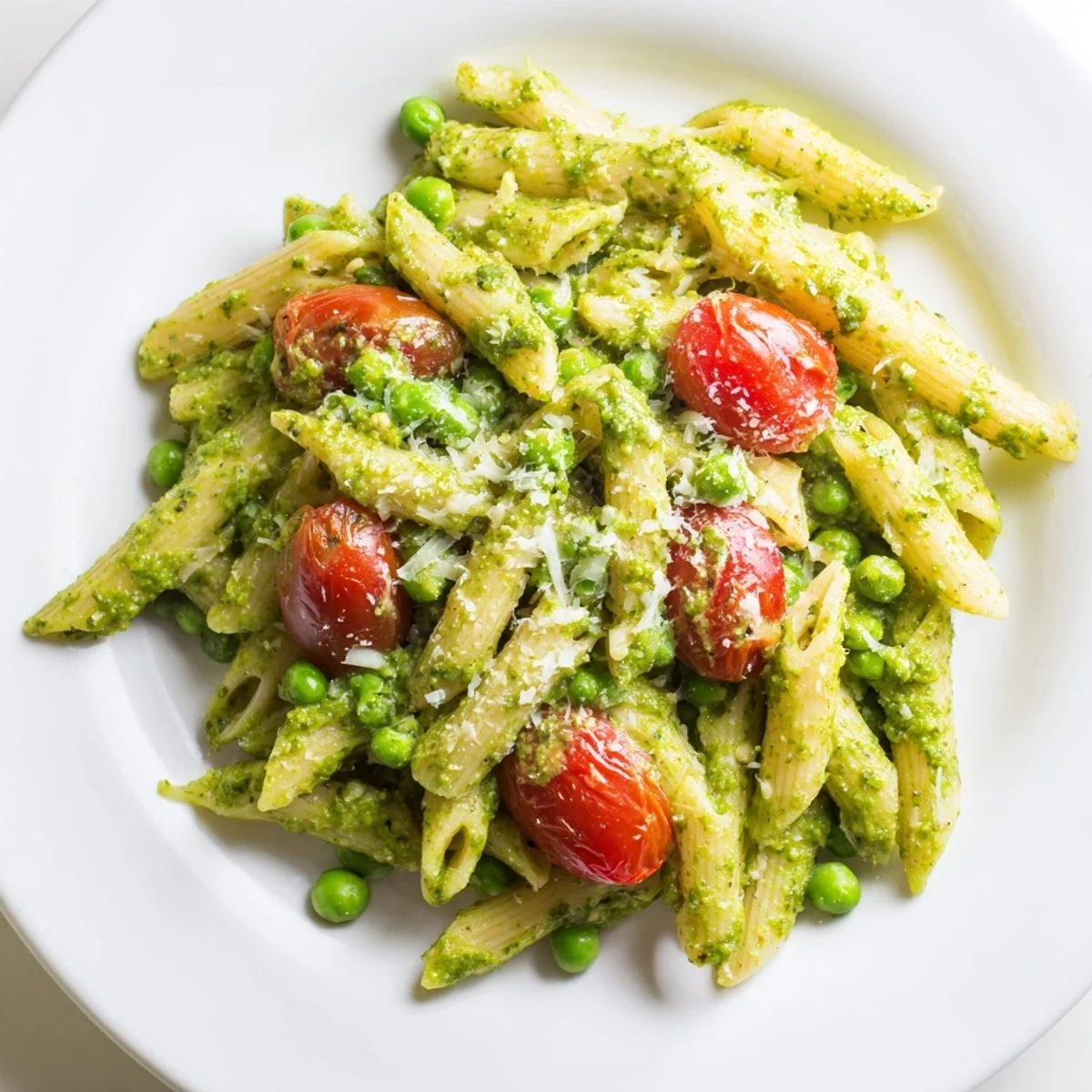 A close-up of Green Pesto Pasta Salad, glossy basil pesto and olive oil glistening on pasta, peas, and tomatoes, garnished with fresh basil.