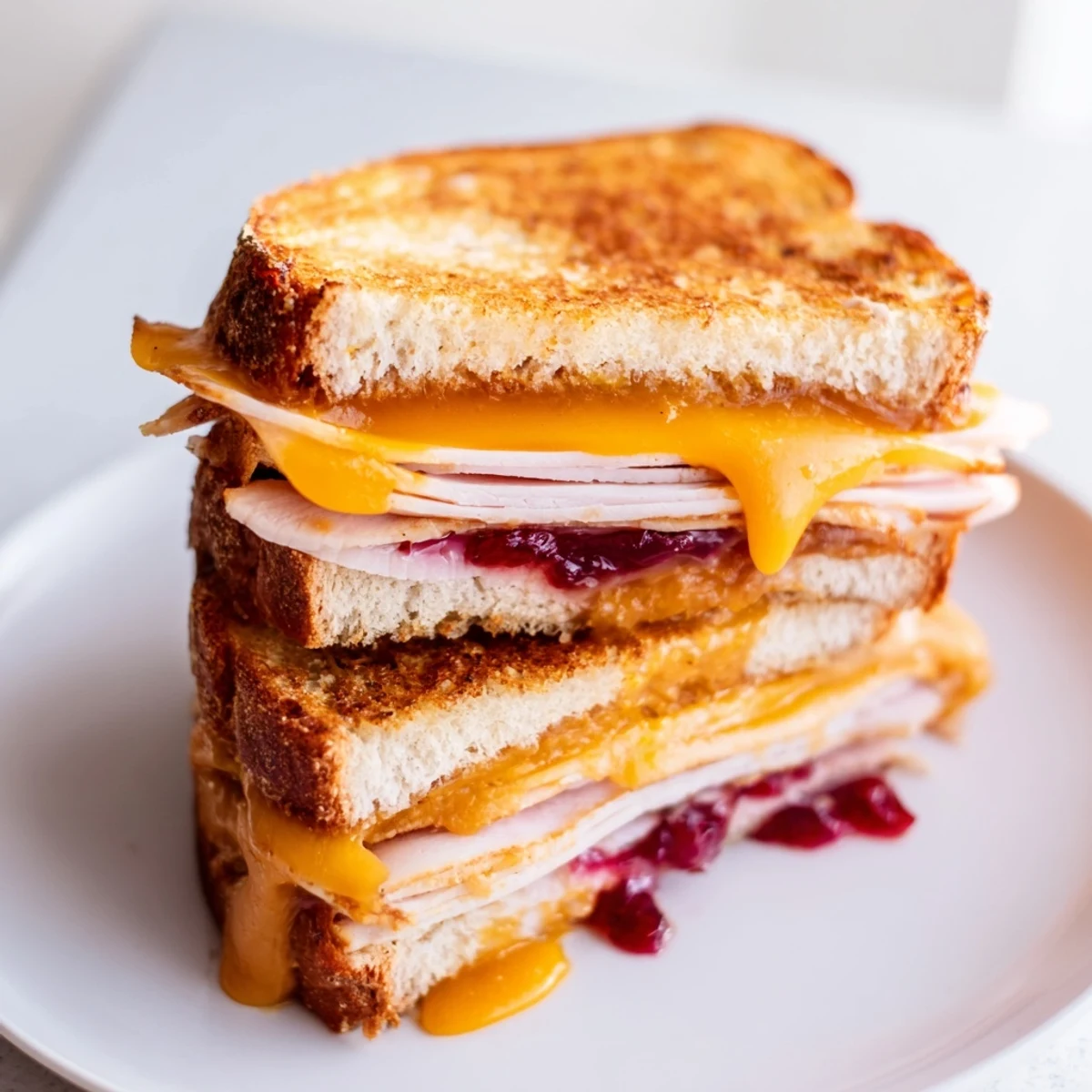 Golden toasted sourdough bread layered with smoked turkey, sharp cheddar, and tangy cranberry spread for a savory grilled cheese.