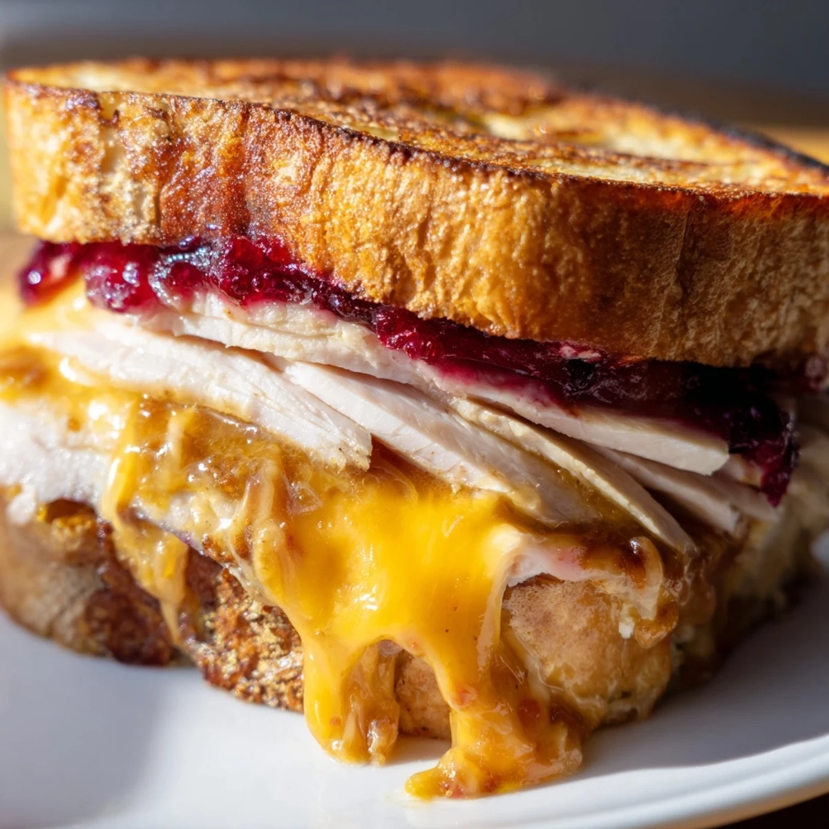 The Smoked Turkey Grilled Cheese features toasted whole wheat bread with melted cheddar and a vibrant layer of cranberry spread.