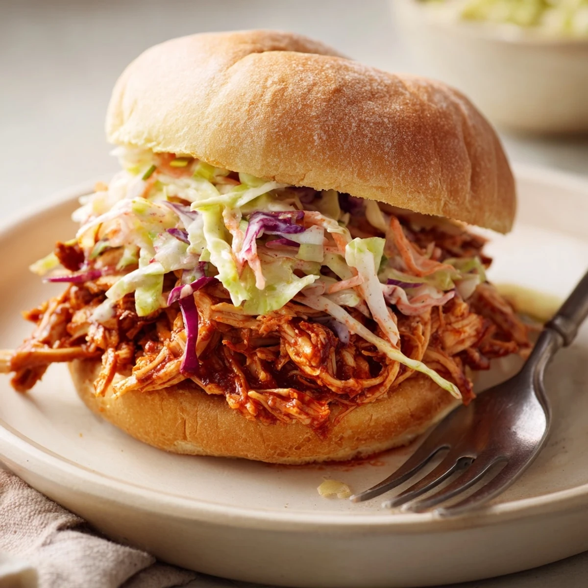 Tender pulled barbecue chicken piled on a toasted brioche bun, topped with creamy, crunchy slaw for a classic American comfort meal.  