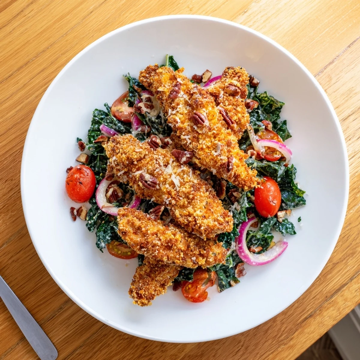 A close-up of Crispy Chicken Kale Salad with juicy chicken strips, toasted pecans, and vibrant red onion slices, served on a rustic wooden board.