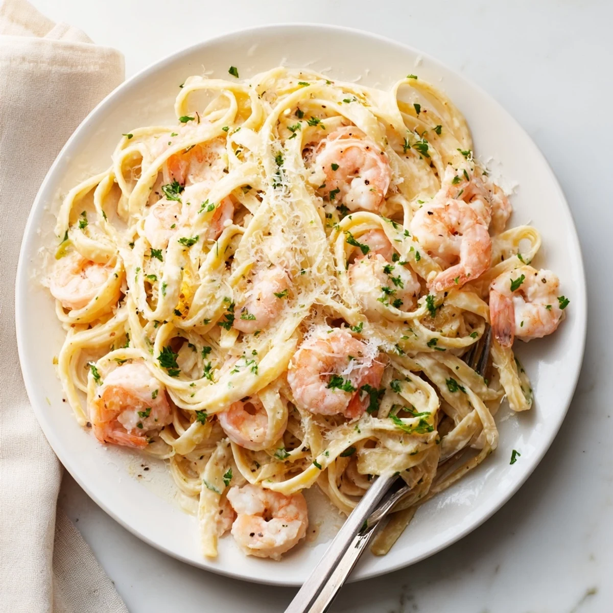 Tender pink shrimp nestled in a creamy garlic sauce twirl around perfectly cooked linguine for a comforting Italian-American dinner.  