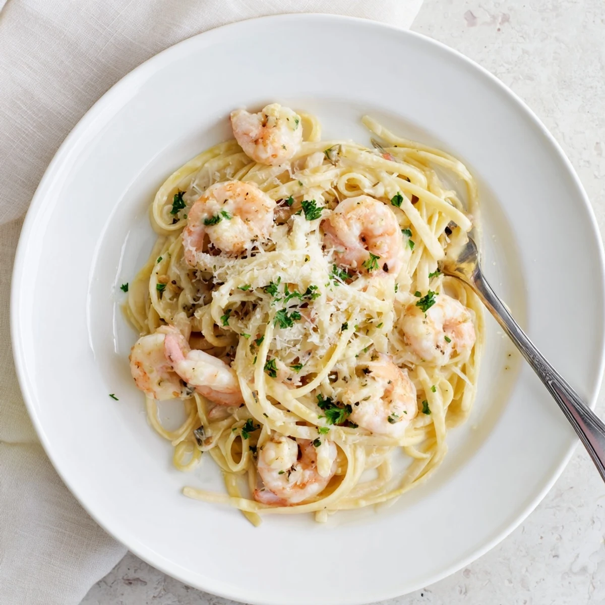 Elegant homemade creamy garlic shrimp pasta in a skillet, steaming and ready to be enjoyed for a weeknight Italian meal.