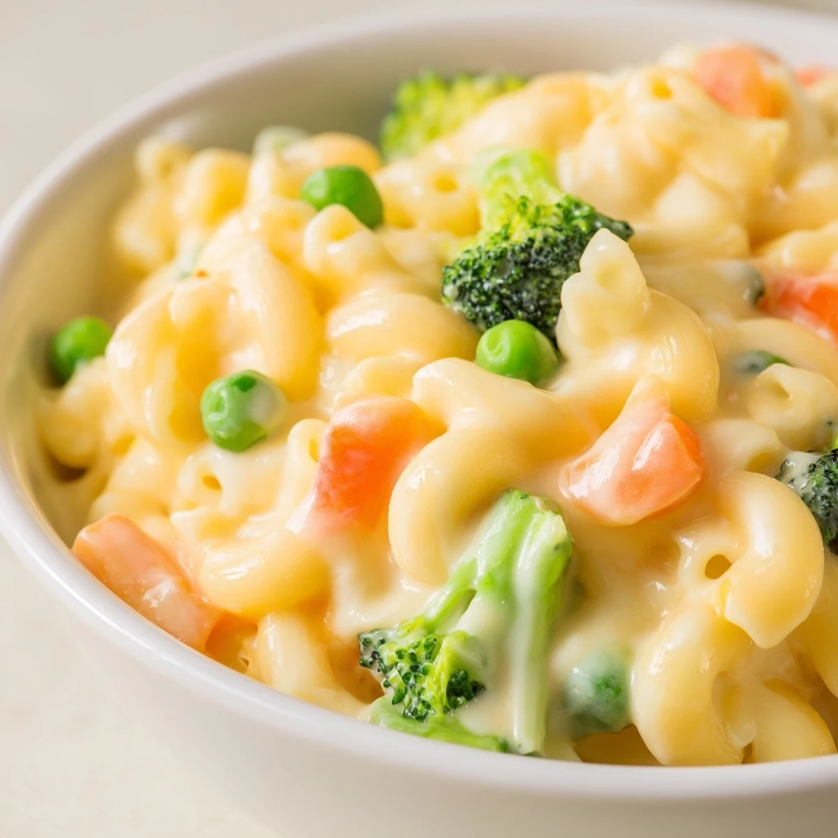 Golden Garden Veg Mac and Cheese bubbles from the oven, featuring tender broccoli, peas, and carrots in a creamy cheddar sauce.
