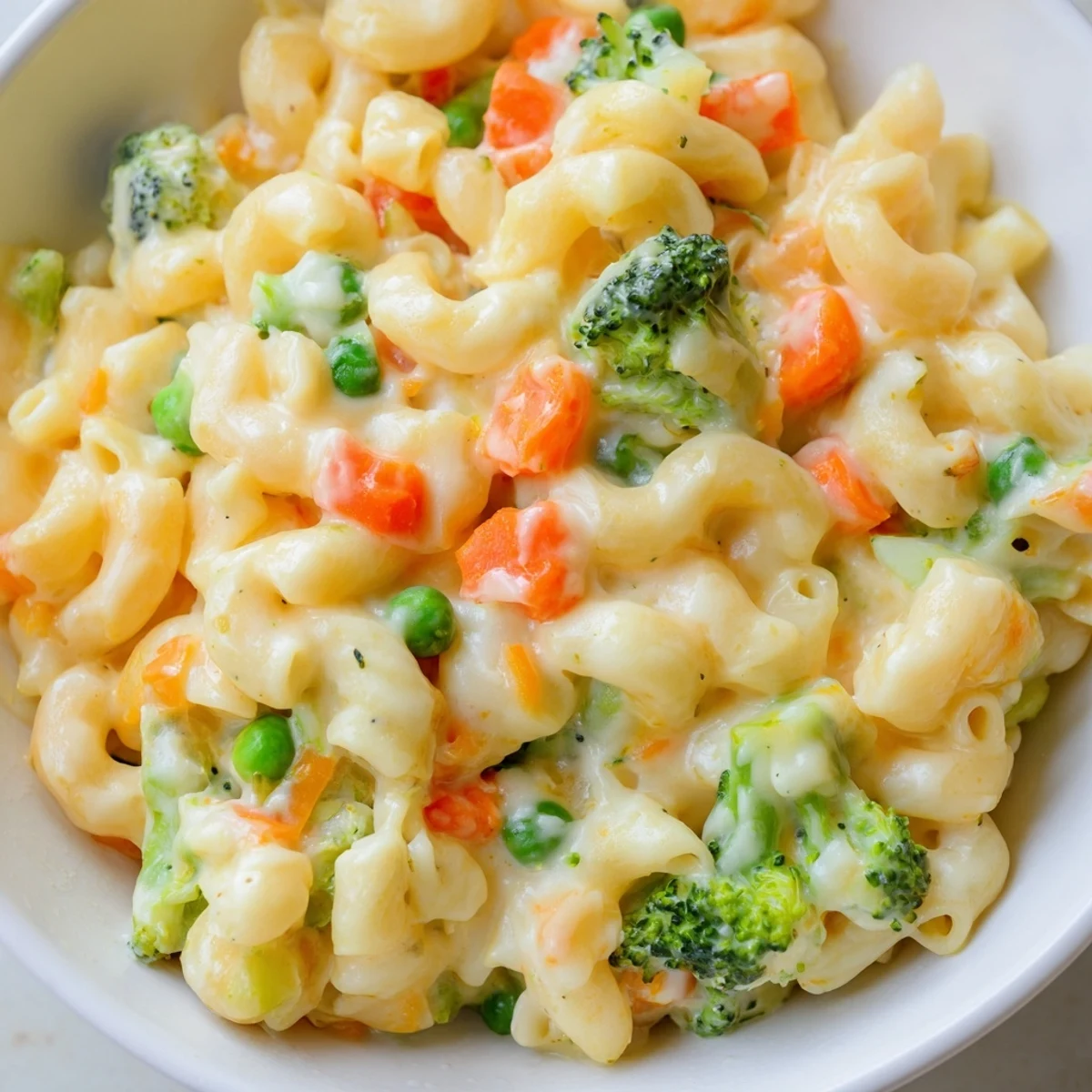Serve this comforting Garden Veg Mac and Cheese in a white dish, garnished with fresh parsley and a side salad.