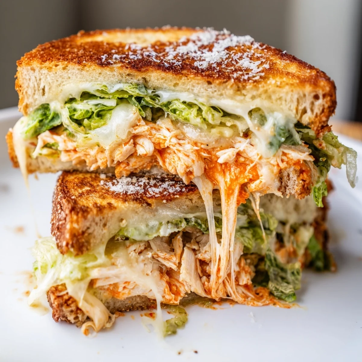 Golden toasted sourdough slices overflowing with spicy buffalo chicken, melty provolone, and crisp romaine lettuce for a bold, savory bite.  