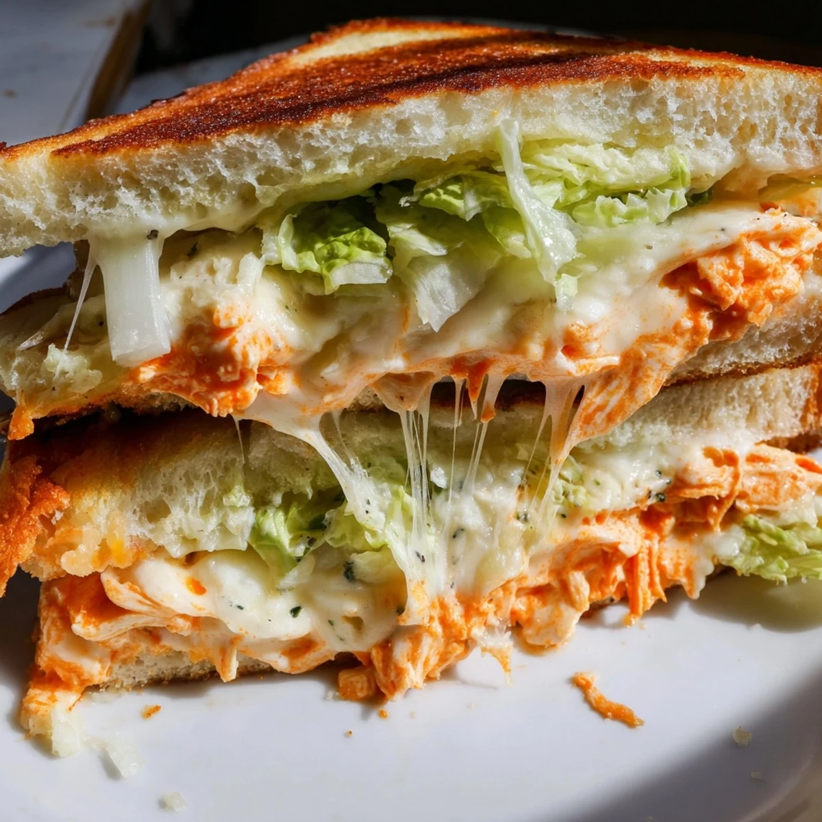Sliced Buffalo Chicken Caesar Grilled Cheese revealing layers of shredded chicken, gooey cheese, and fresh greens between crispy bread.
