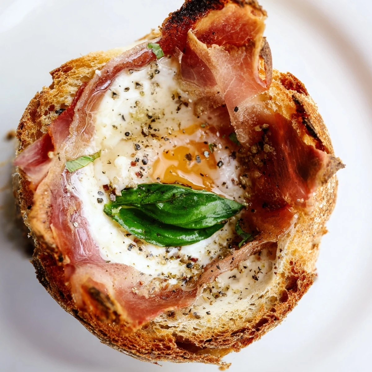 A close-up of a golden, buttery grilled cheese sandwich stuffed with creamy burrata and crispy prosciutto slices.  
