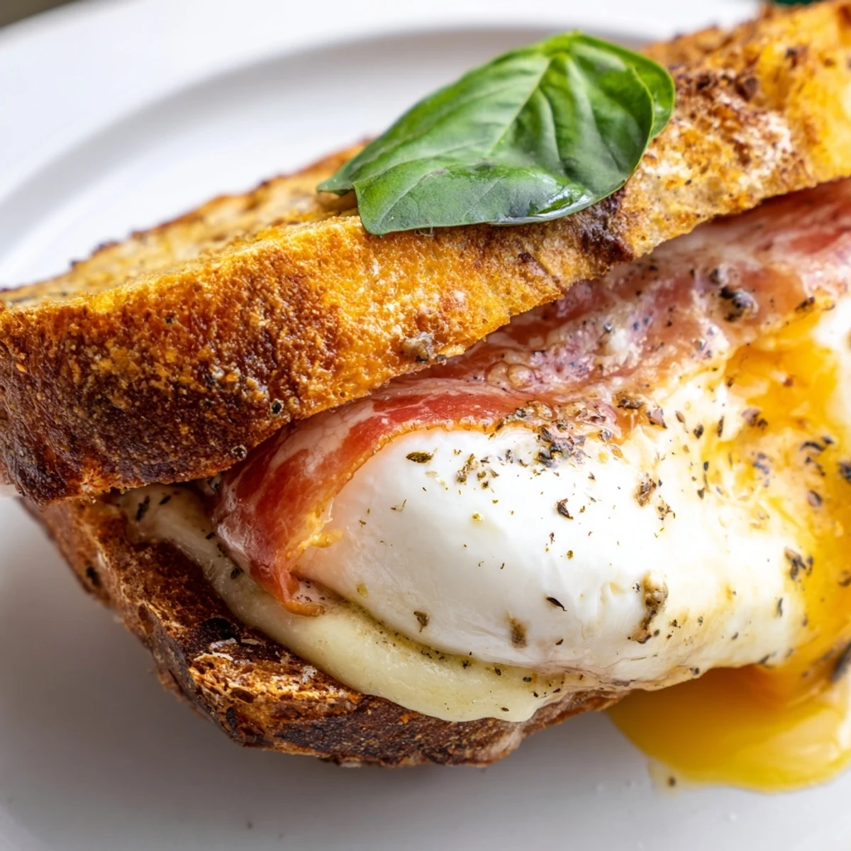 Two halves of a gourmet grilled cheese reveal oozing burrata and crisp prosciutto on a rustic wooden board.