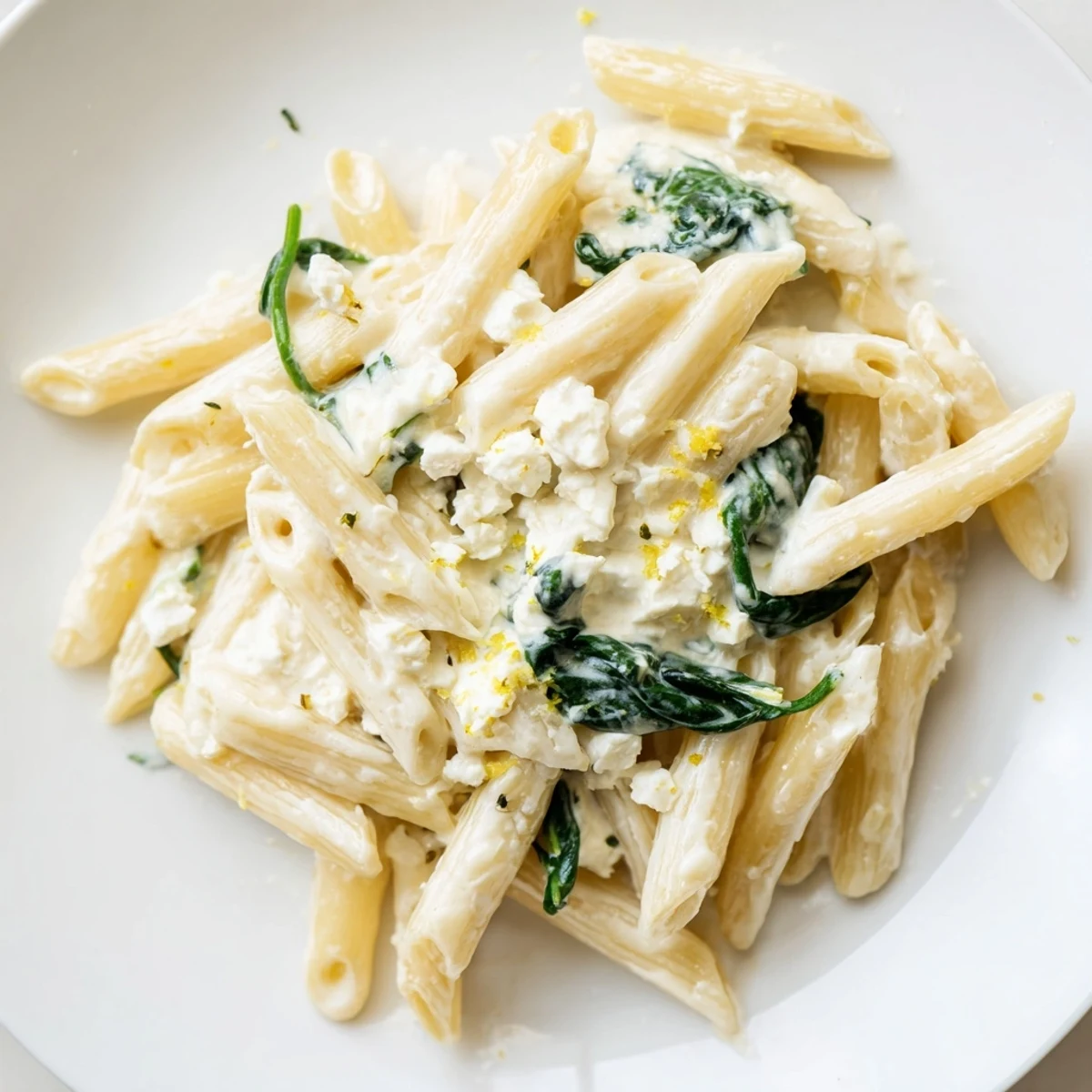 Freshly cooked Creamy Feta Spinach Pasta twirls in a skillet, flecked with vibrant wilted greens and crumbled white cheese, steam rising invitingly.  