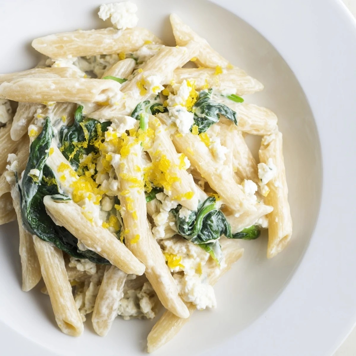 Hearty serving of Creamy Feta Spinach Pasta plated on a rustic table, garnished with fresh basil leaves and a sprinkle of chili flakes.
