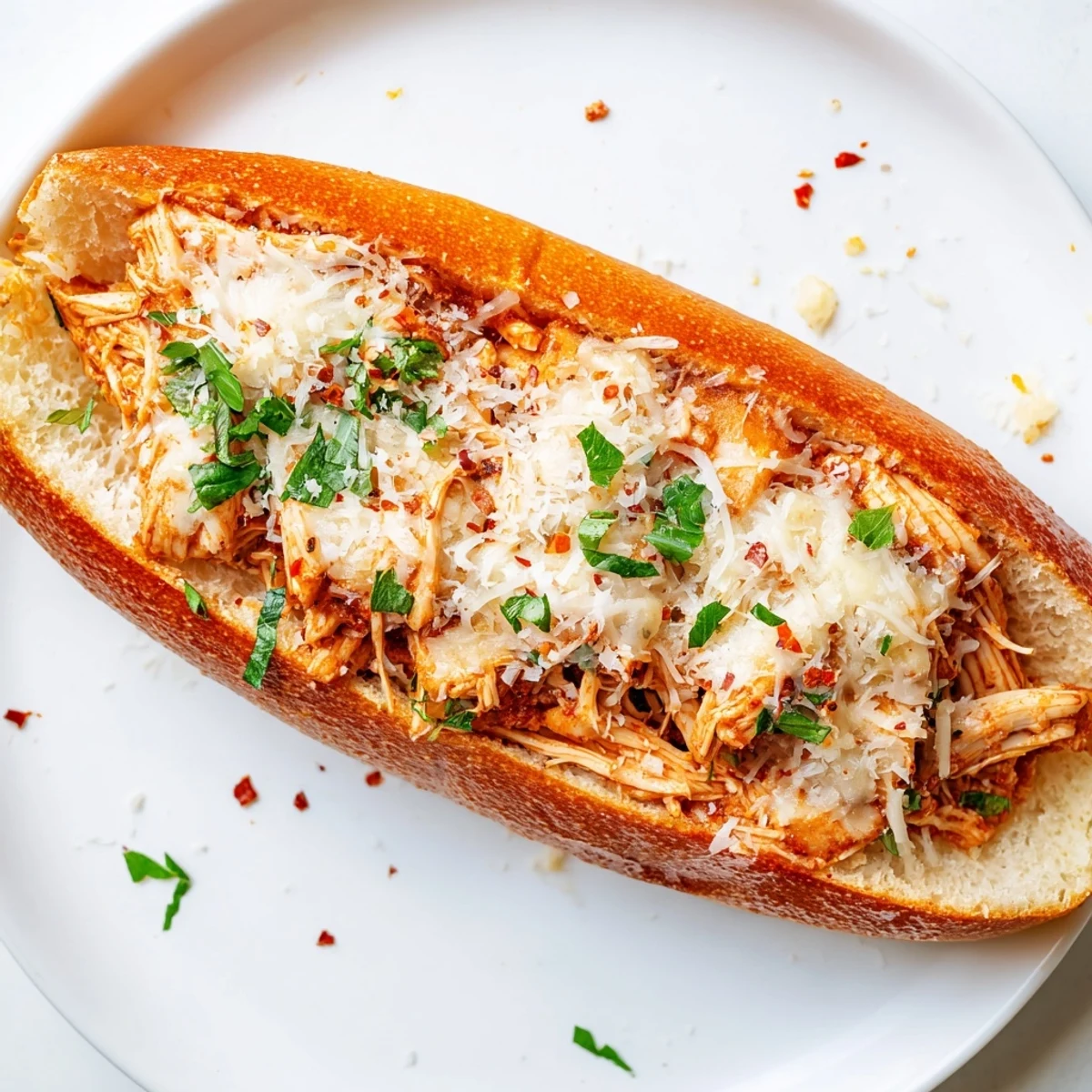 Golden baked Chicken Parm Stuffed Garlic Bread boats with melted mozzarella and marinara sauce on a rustic wooden table.