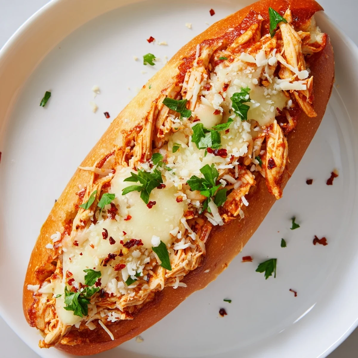 Slice of warm Chicken Parm Stuffed Garlic Bread served on a white plate with a side of marinara.