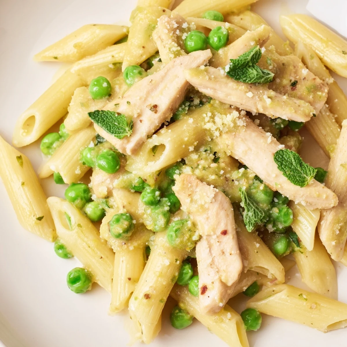 Close-up of Pea & Mint Chicken Pasta, highlighting penne noodles coated in buttery lemon sauce with sweet peas and seared chicken.