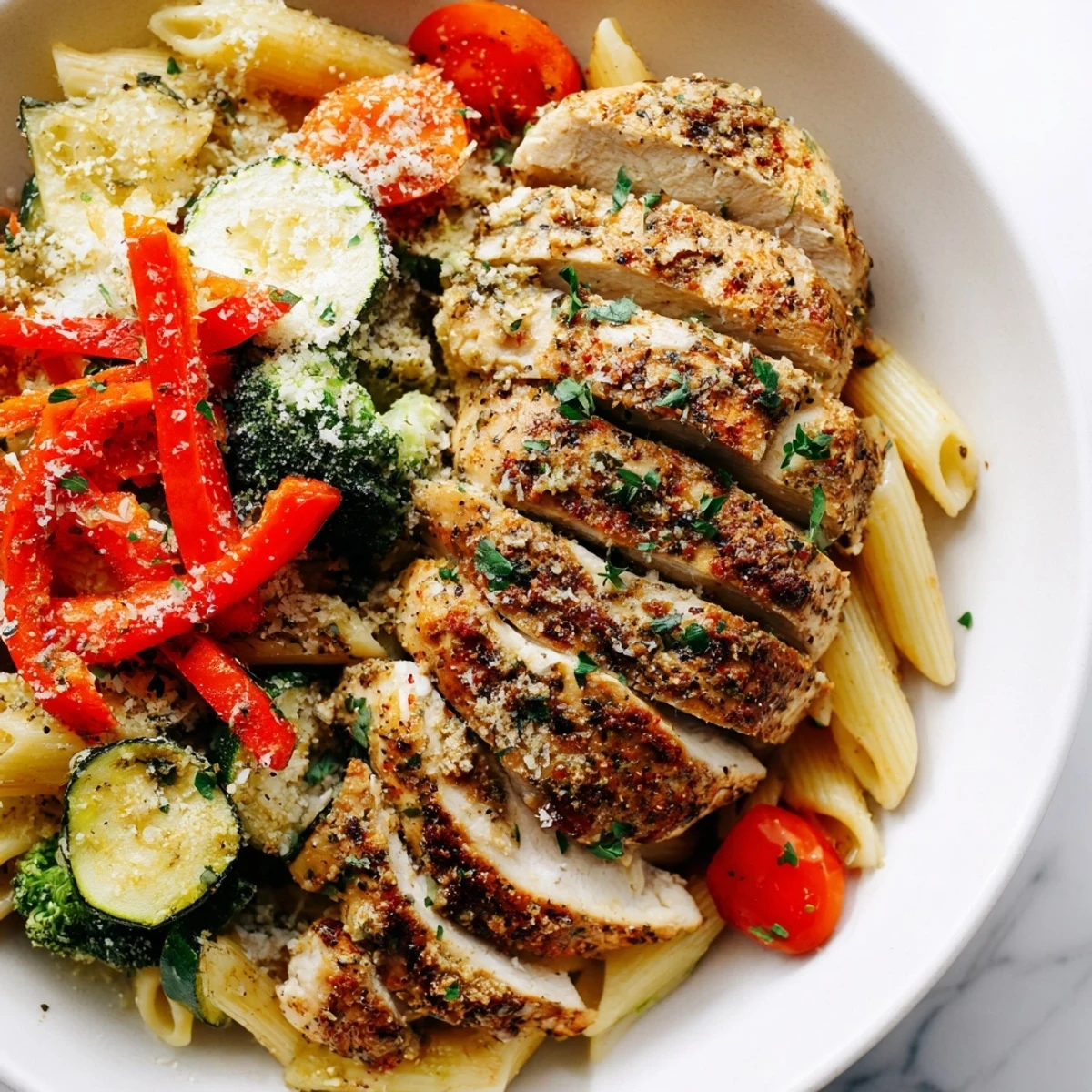 Golden-brown sliced chicken breast atop penne, zucchini, red bell pepper, and cherry tomatoes ready to serve.