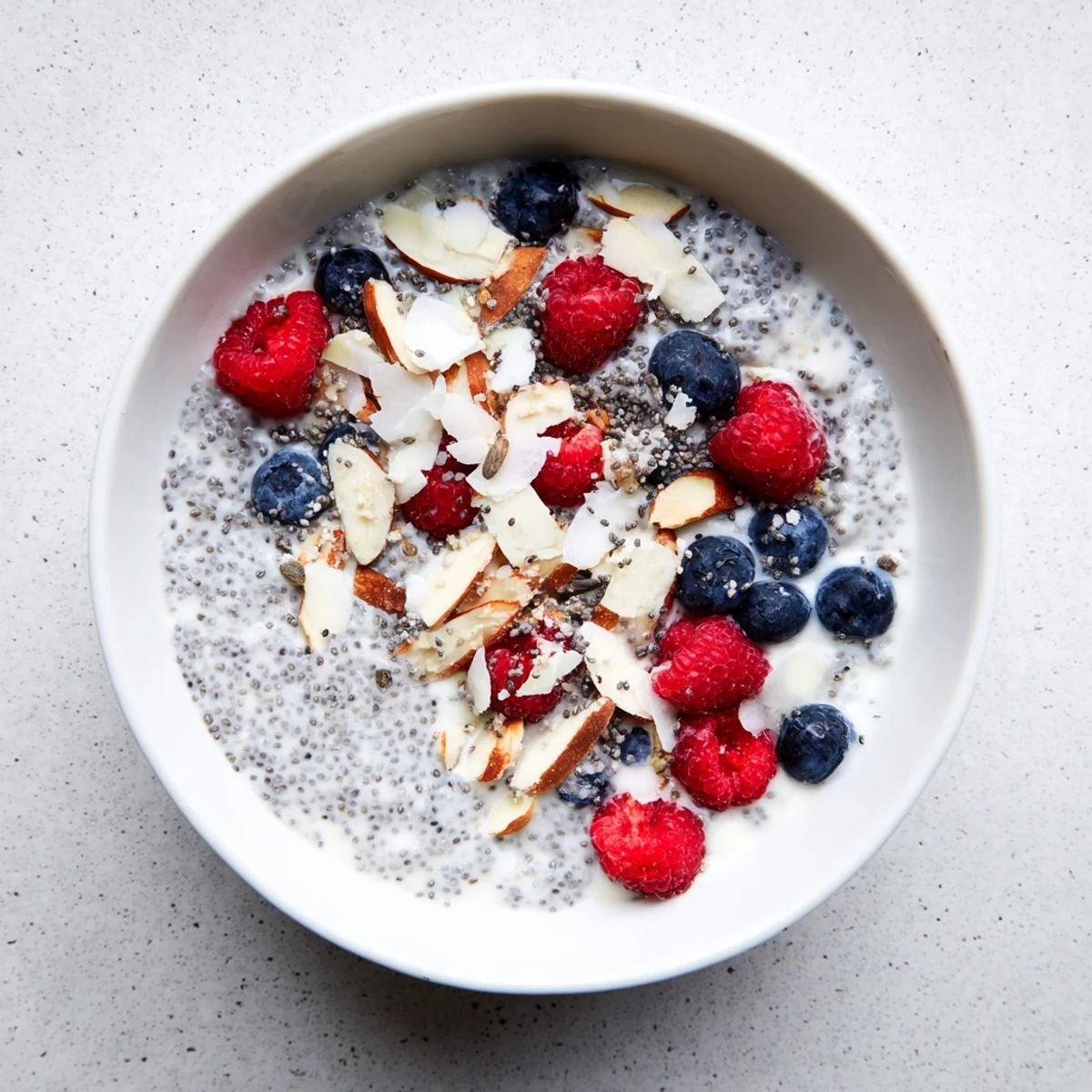 Chilled Poppy Seed Chia Pudding in a white bowl, featuring a creamy texture with poppy seeds and fresh fruit topping.
