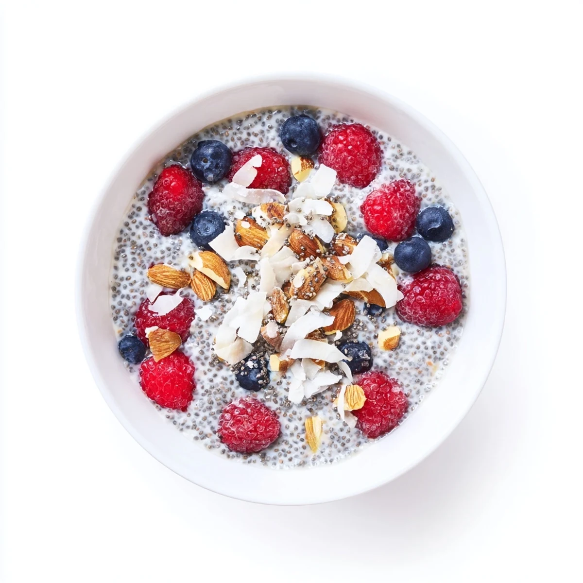 A nourishing bowl of Poppy Seed Chia Pudding garnished with shredded coconut and fresh berries for a healthy breakfast.
