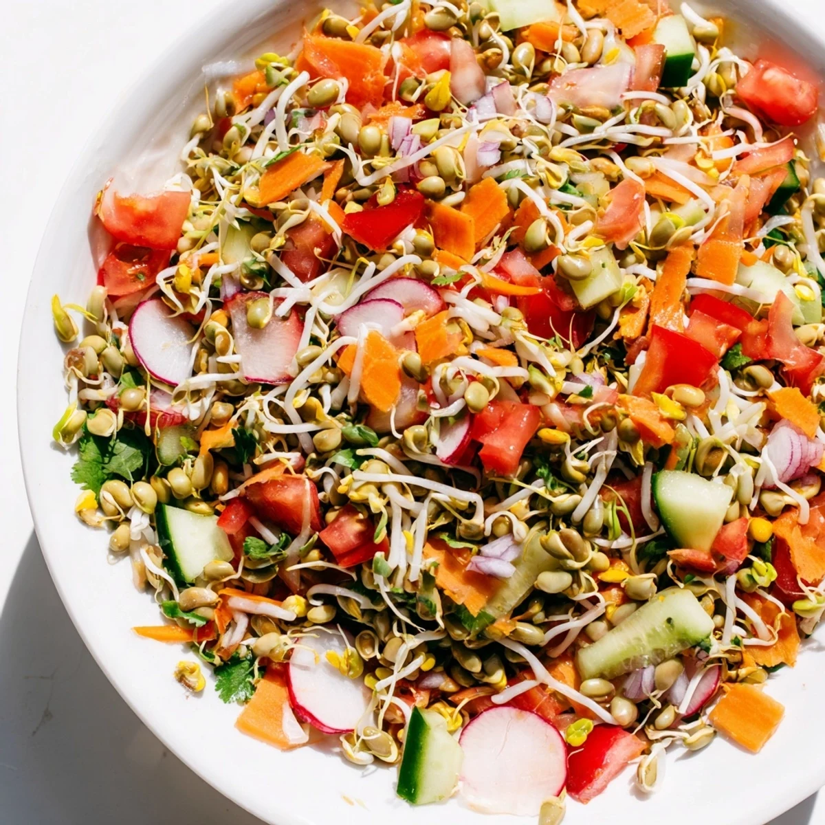 Bright bowl of fresh Sprouted Seed Salad with crisp mung bean, alfalfa, and radish sprouts, diced veggies, and a light lemon dressing.