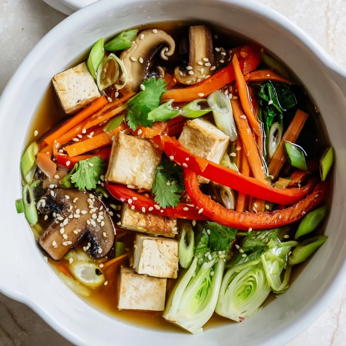 Hot Tofu and Vegetable Soup steaming in a bowl with silken tofu cubes, julienned carrots, and bright red bell peppers.  