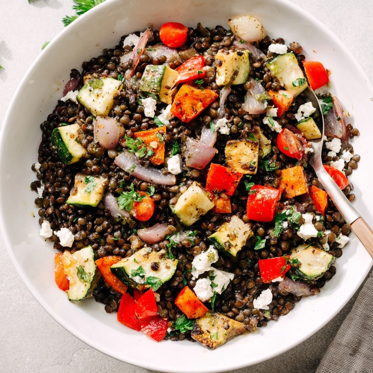 A vibrant Black Lentil Salad with Roasted Vegetables features caramelized veggies, tender lentils, and feta cheese on a rustic platter.