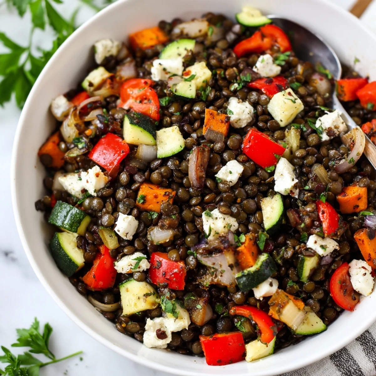 Hearty Black Lentil Salad with Roasted Vegetables showcases earthy beluga lentils, cherry tomatoes, and a zesty lemon dressing for a Mediterranean meal.