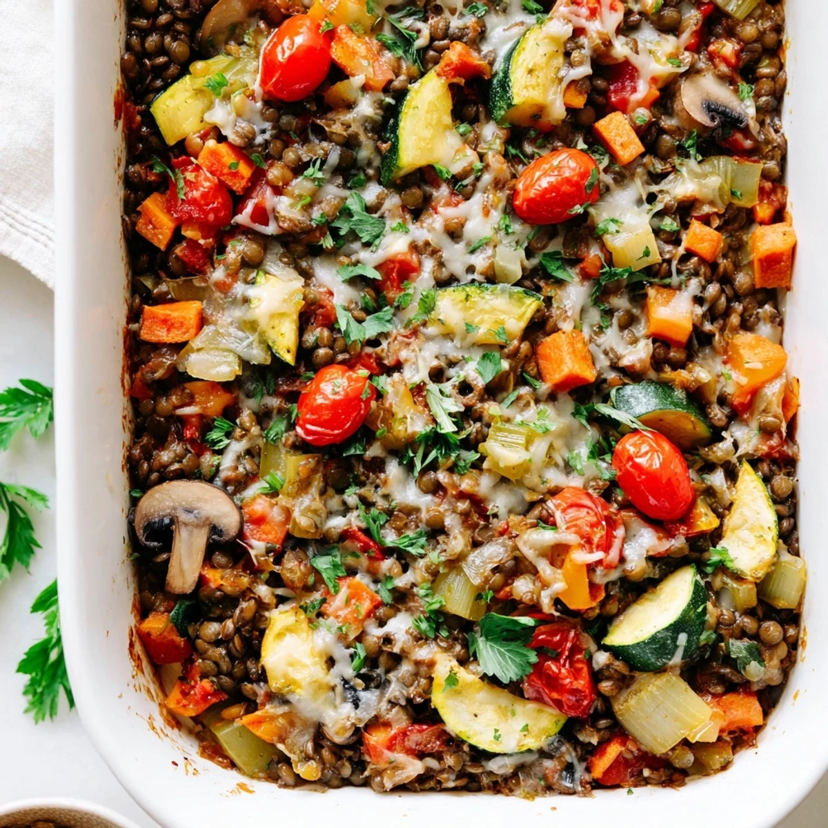 Steamy, golden-brown Green Lentil and Vegetable Casserole fresh from the oven, topped with melted cheese and fresh parsley.