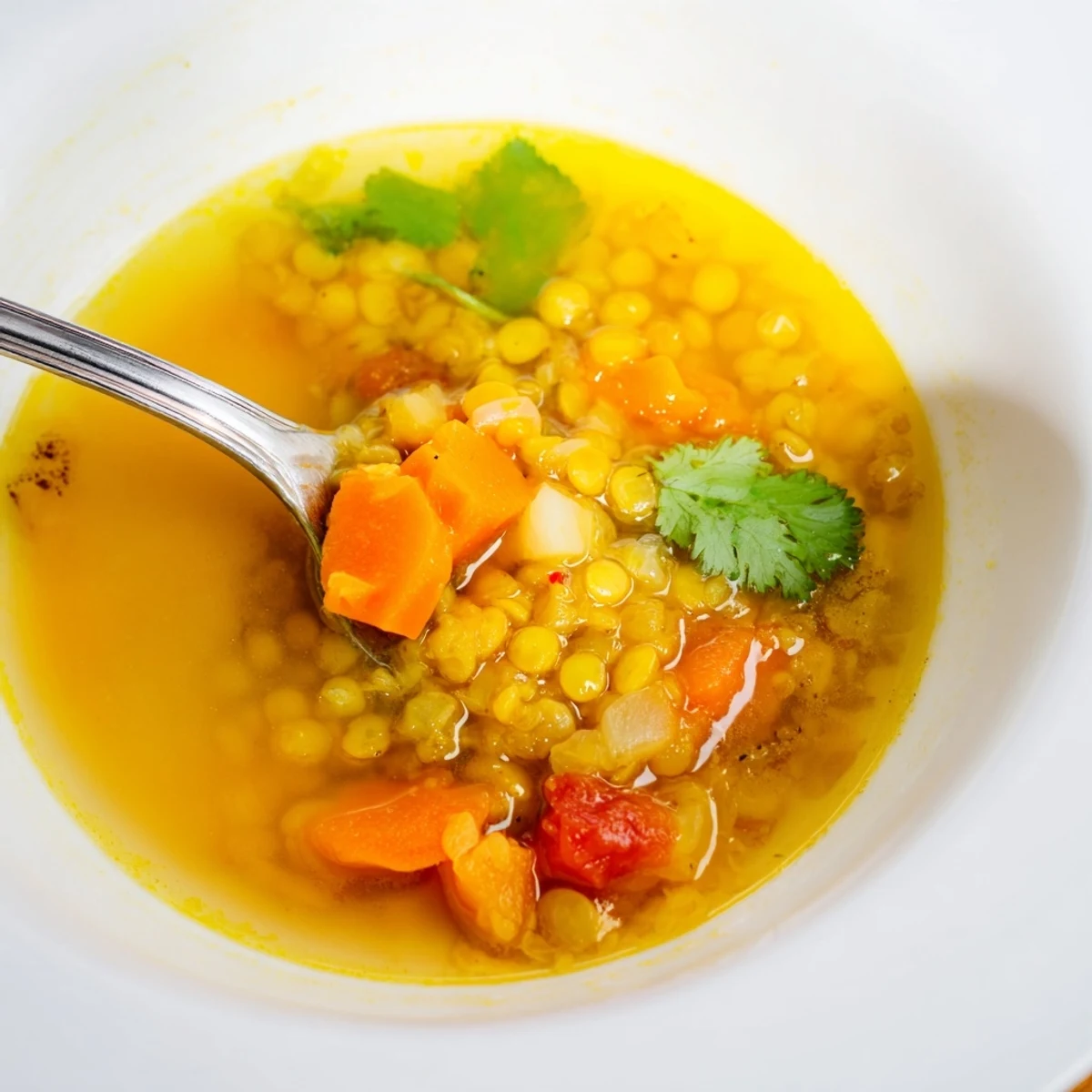 Creamy mung bean soup simmered with turmeric, ginger, and cumin, garnished with fresh cilantro and lemon juice.