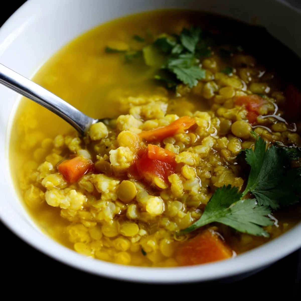 A steaming bowl of Indian mung bean soup with diced carrots, spices, and a slice of lemon on the side.