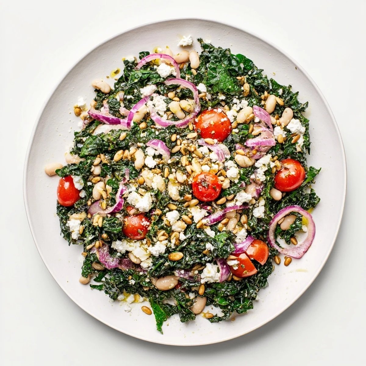 A close-up of the vibrant White Bean and Kale Salad shows glistening olive oil dressing, crisp kale leaves, and creamy beans, perfect for a light lunch or healthy dinner side. 