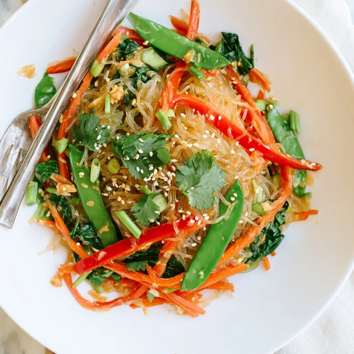 Vibrant Kelp Noodle Stir-Fry with crisp veggies tossed in a zesty ginger sauce, served on a white plate.