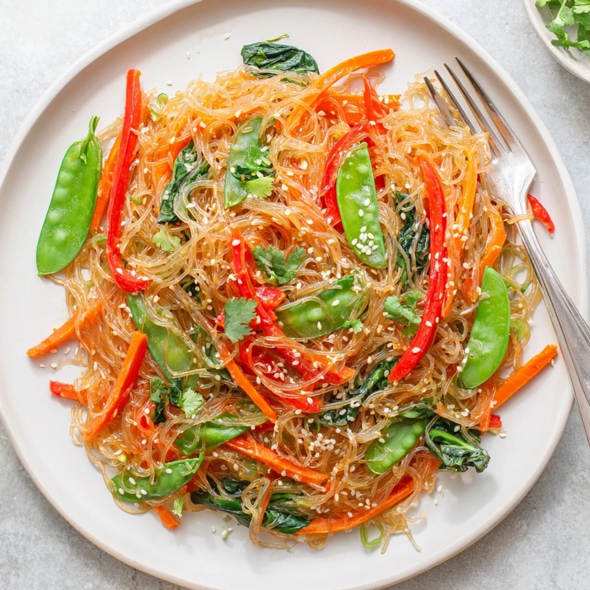 A close-up of colorful Kelp Noodle Stir-Fry featuring snap peas, carrots, and toasted sesame seeds.