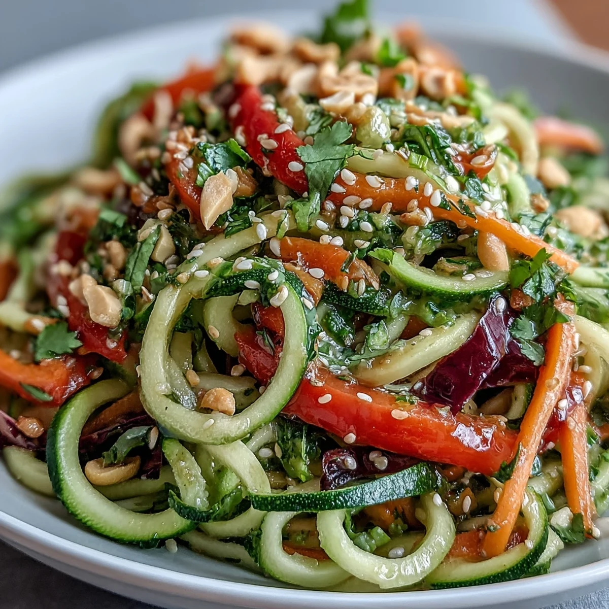 Colorful raw vegetable noodle salad bursting with crisp textures and zesty dressing.