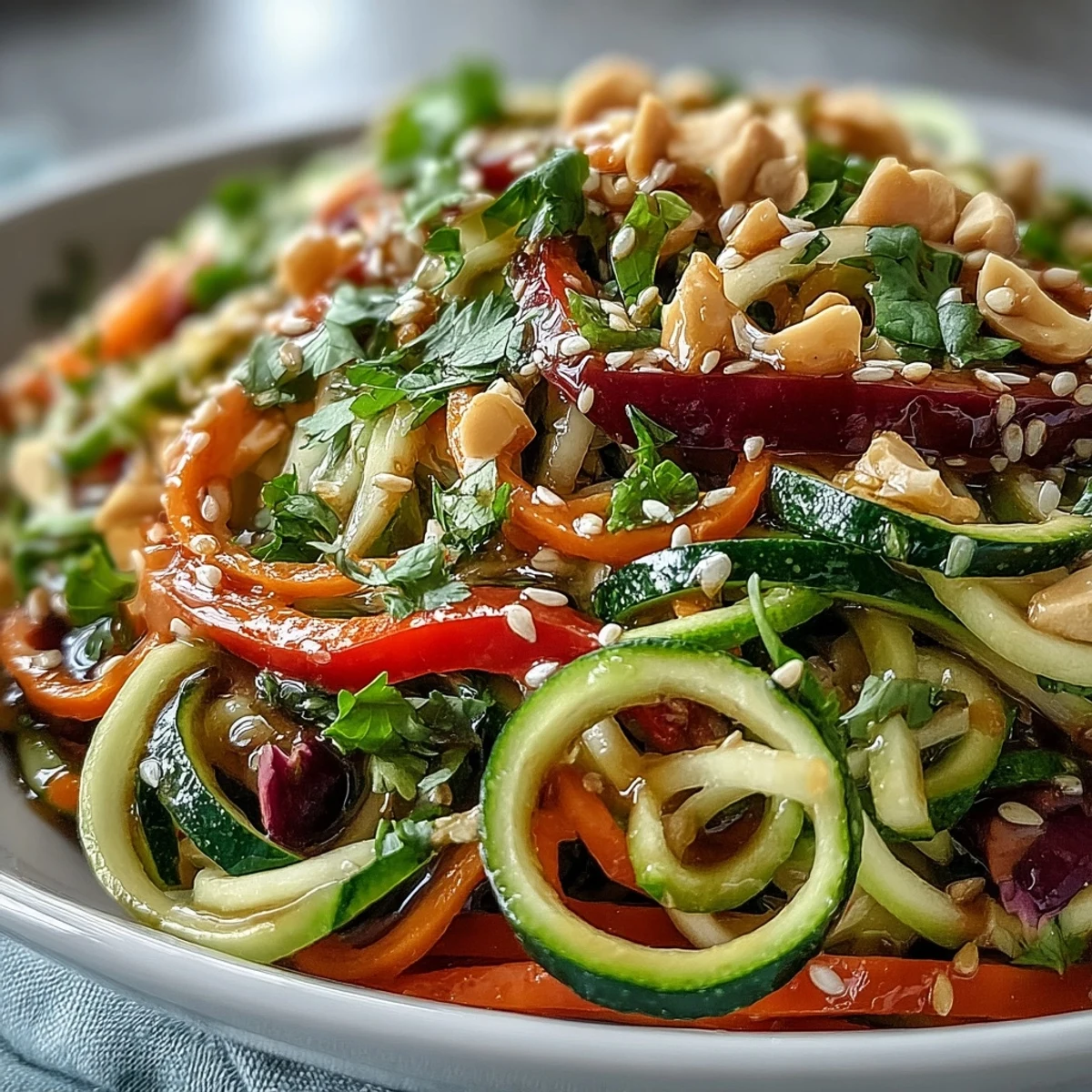 Closeup of appetizing, raw vegetable noodle salad with a bright, tangy sesame-ginger coating.